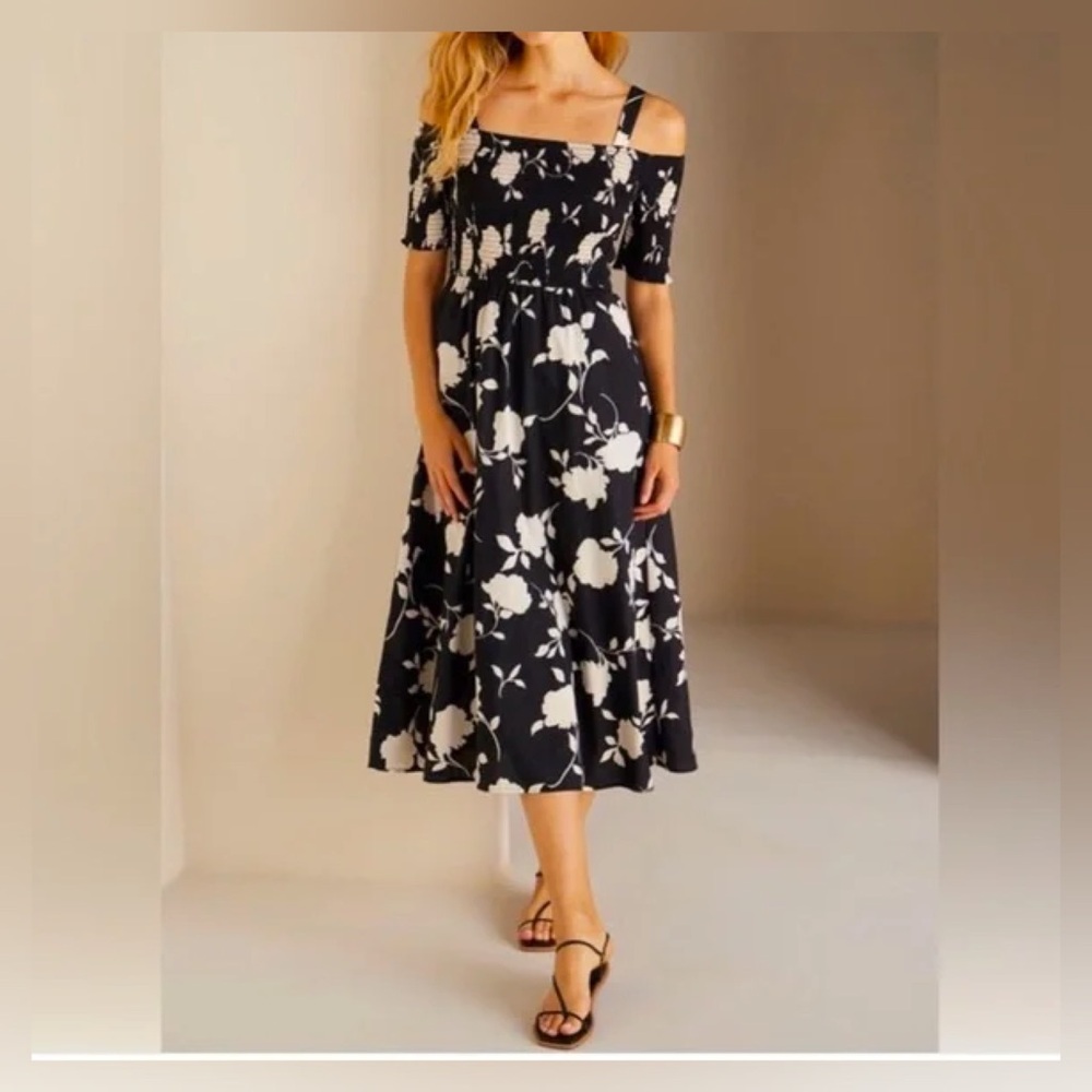 Soft Surroundings Divani Off Shoulder Smocked Black and White Floral Dress - M